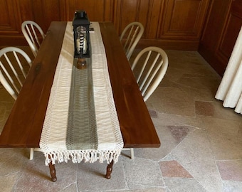 Sage Green Macrame Table Runner 14x72 – Boho Woven Farmhouse Runner with Fringe – Green Ivory Bicolor Stitching Table Decor