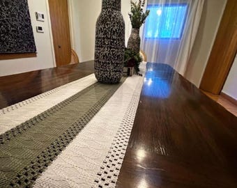 Boho Sage Green Table Runner 108 Inch, Macrame Style Woven Table Runner, Green Ivory Farmhouse Table Decor, Long Cotton Dining Table Runner