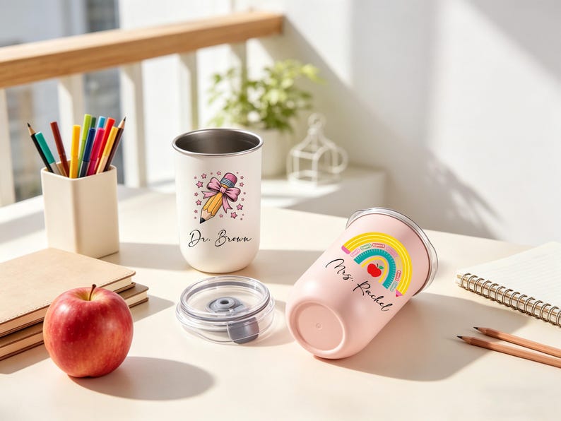May include: Two insulated tumblers, one white and one pink, with teacher-themed designs. The white tumbler features a pencil and bow graphic with "Dr. Brown" text. The pink tumbler has a rainbow and apple graphic with "Mrs. Rachel" text. A red apple and pencils are also visible.