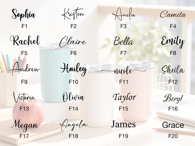 May include: A collection of personalized tumblers in various colors, including light blue, white, and pink. Each tumbler features a name in elegant script, such as Sophia, Kristen, and Amelia. The names are accompanied by a corresponding code.