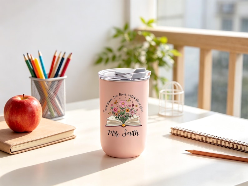 May include: A pink insulated tumbler with a white lid. The tumbler features a floral design with an open book and the text "Teach them, love them, watch them grow" and "Mrs. Smith". A red apple, pencils, and a notebook are also visible.