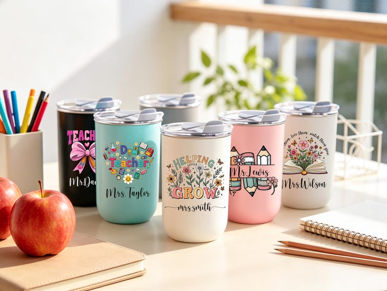 May include: A collection of insulated travel mugs with various designs and teacher-themed graphics. The mugs are in different colors, including black, teal, pink, and white, with silver lids. Each mug features a teacher's name and decorative elements.