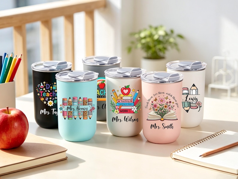 May include: A collection of insulated tumblers with various designs, including pencils, apples, and floral arrangements. Each tumbler features a teacher's name, such as "Mrs. Taylor" or "Mrs. Smith." The tumblers are in black, light blue, white, pink, and gray.