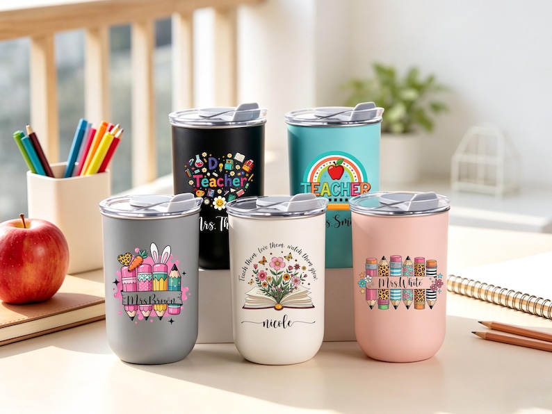 May include: Five stainless steel travel mugs with lids, each featuring a unique design. The mugs are in various colors, including black, teal, gray, white, and pink. Each mug has a teacher-themed graphic with text such as "Teacher" and "Mrs. White."