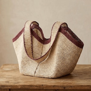 Large Angular Two Tone Slouch Raffia Straw Tote Bag
