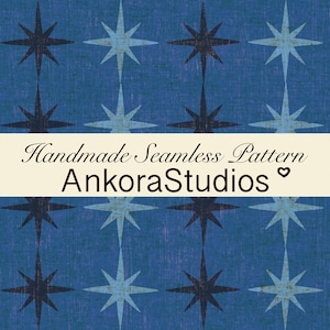 May include: A seamless pattern with a repeating starburst design in shades of blue and navy on a textured background. The text "Handmade Seamless Pattern AnkoraStudios" is displayed on a cream-coloured banner.