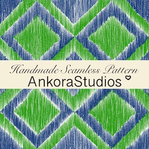 May include: A seamless pattern featuring a geometric design of intersecting diamonds. The diamonds are filled with green and blue textured brushstrokes. The text "Handmade Seamless Pattern AnkoraStudios" is displayed on a cream-colored banner.
