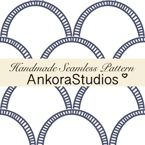May include: A seamless pattern featuring dark blue arched lines with a striped texture on a white background. A horizontal cream-colored banner across the center displays the black text Handmade Seamless Pattern AnkoraStudios with a small heart icon.