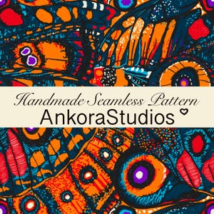 May include: A seamless pattern featuring stylized butterfly wings in vibrant orange, deep blue, red, and purple hues. A central horizontal cream-colored band displays the black text Handmade Seamless Pattern AnkoraStudios with a small heart icon.
