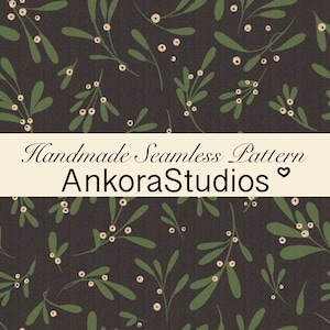 May include: A seamless pattern featuring dark green leaves and small cream-colored berries on a dark brown background. A horizontal cream-colored banner across the center displays the text Handmade Seamless Pattern AnkoraStudios with a heart icon.