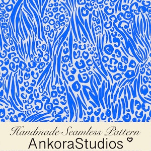 May include: A seamless pattern featuring a vibrant blue animal print design with a mix of leopard spots and zebra stripes on a light gray background. The bottom section includes the text Handmade Seamless Pattern AnkoraStudios.