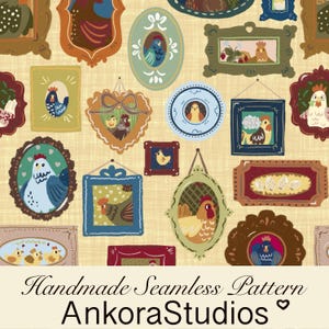 May include: A seamless fabric pattern featuring various framed illustrations of chickens and eggs on a textured beige background. The frames are in diverse shapes and colors, including ornate, oval, and rectangular styles. One frame contains the text Home Sweet Home.