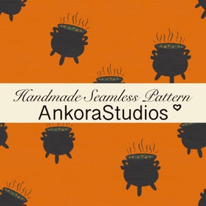 Puede incluir: Fondo naranja con un patrón repetido de calderos negros con detalles verdes y amarillos, con vapor ascendente. El texto "Handmade Seamless Pattern AnkoraStudios" se muestra en una pancarta crema.