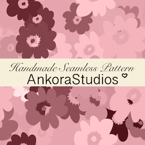 May include: A seamless pattern featuring stylized flowers in various shades of pink and dark maroon. A horizontal cream-colored band across the center displays the black text Handmade Seamless Pattern AnkoraStudios with a small heart symbol.