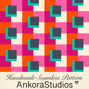 May include: A seamless pattern featuring a grid of squares in shades of cream, orange, hot pink, and dark gray, with teal L-shaped accents. The bottom text reads: Handmade Seamless Pattern AnkoraStudios with a small heart symbol at the end.