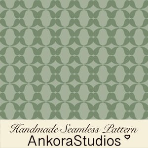 May include: A seamless pattern featuring a repeating sage green geometric motif on a lighter green background. Below the pattern, a cream-colored banner displays the black text: Handmade Seamless Pattern AnkoraStudios with a heart icon.
