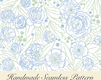 Hand Drawn Floral Seamless Pattern – Blue & Green Vintage Flowers, Cottagecore Digital Paper (Digital Download JPG file for Commercial Use)