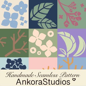 May include: A grid of nine squares featuring a seamless pattern of botanical elements including light blue flowers, green leaves, pink branches, brown twigs, and cream blossoms. The text "Handmade Seamless Pattern AnkoraStudios" appears at the bottom.