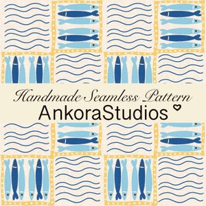 Puede incluir: Patrón repetitivo con peces azules estilizados y líneas onduladas sobre fondo crema. El diseño incluye el texto "Handmade Seamless Pattern AnkoraStudios". Los peces son de varios tonos de azul, y las olas son de color azul oscuro.