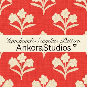 May include: Seamless pattern featuring cream-colored floral designs on a red background. The flowers have multiple petals and are arranged in a repeating pattern. The text "Handmade Seamless Pattern AnkoraStudios" is displayed across the image.
