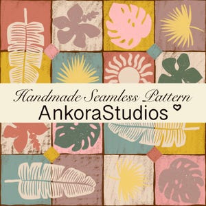 May include: A seamless pattern design featuring botanical illustrations of leaves and suns in a grid layout. The color palette includes shades of pink, yellow, green, and brown. The text "Handmade Seamless Pattern AnkoraStudios" is displayed across the center.