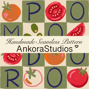 May include: A seamless pattern featuring a grid of olive green squares and cream-colored spaces. The design includes illustrations of whole and sliced red and orange tomatoes, green olives, and dark blue letters spelling POMODORO. Text reads Handmade Seamless Pattern AnkoraStudios.