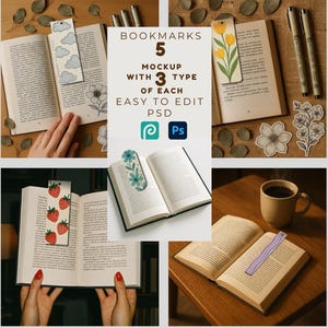 Op de afbeelding: Een mockup met vijf verschillende bladwijzerontwerpen met diverse illustraties, waaronder wolken, bloemen en aardbeien. De afbeelding bevat open boeken en de tekst "BOOKMARKS 5 MOCKUP WITH 3 TYPE OF EACH EASY TO EDIT PSD".