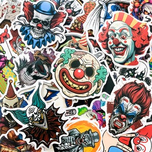 Pack of Horror Clown Stickers, 50 Scary Joker Stickers, Creepy Circus Stickers, Waterproof Evil Stickers for Laptop, Water Bottle, Bottle