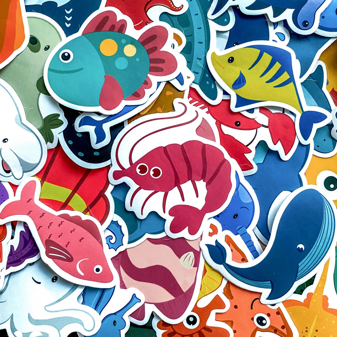 Cartoon Shellfish Sticker 50pcs Sea Creature Stickers, Cartoon Fish Whale Stickers, Cute Ocean ...