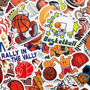 May include: A collection of colorful basketball-themed stickers. Designs include basketballs, hoops, cartoon characters, and text like "Basketball" and "Rally in the Vally". The stickers feature a variety of colors, including orange, blue, and green.