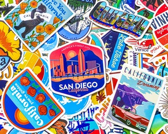 Pack of 50 California Stickers, California Travel Stickers, Venice Beach Stickers, San Diego Stickers, Waterproof Stickers for Travel Lovers
