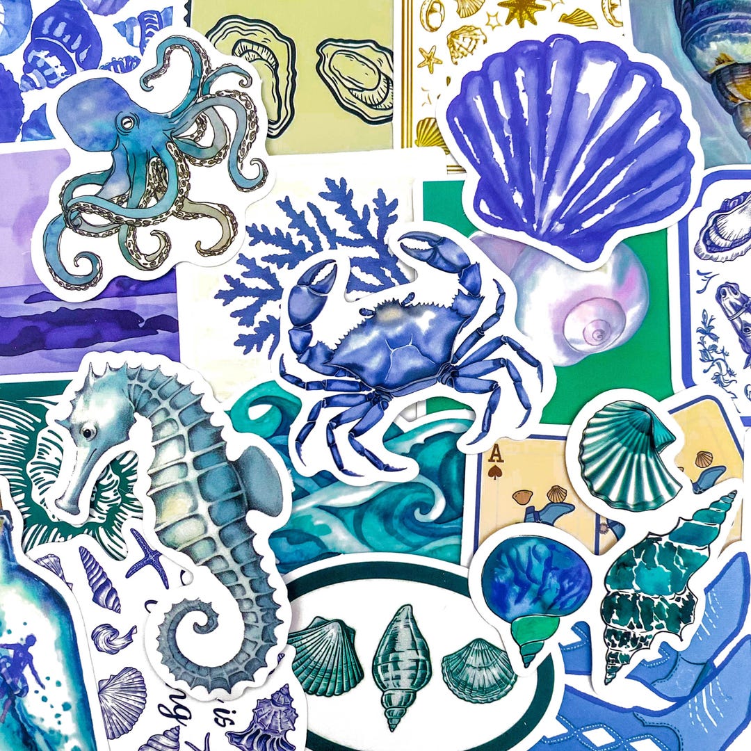 Sea Water Rising Sticker Pack of 50 Blue Marine Life Stickers, Ocean Stickers, Coastal Seashell ...