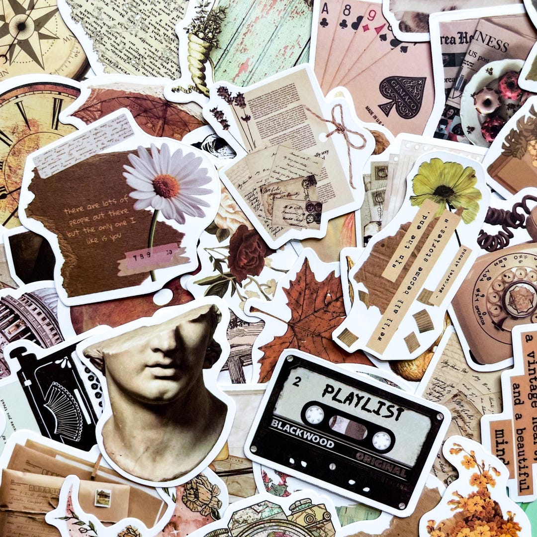 Retro Look Sticker 50pcs Vintage Aesthetic Stickers, Retro Style Stickers, Neutral Beige ...
