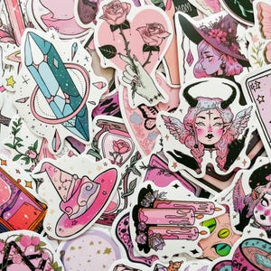 Pack of Pink Mystical Stickers, 50pcs Pastel Gothic Stickers, Moon and Tarot Stickers, Waterproof Witchy Stickers for Phone, Laptop, Kindle
