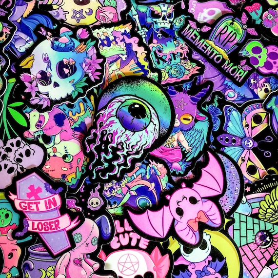 50pcs Cute Horror Stickers,Pastel Goth Stickers,Neon Creepy Sticker,Gothic Aesthetic Sticker,Waterproof Sticker for Journal,Scrapbook,Laptop
