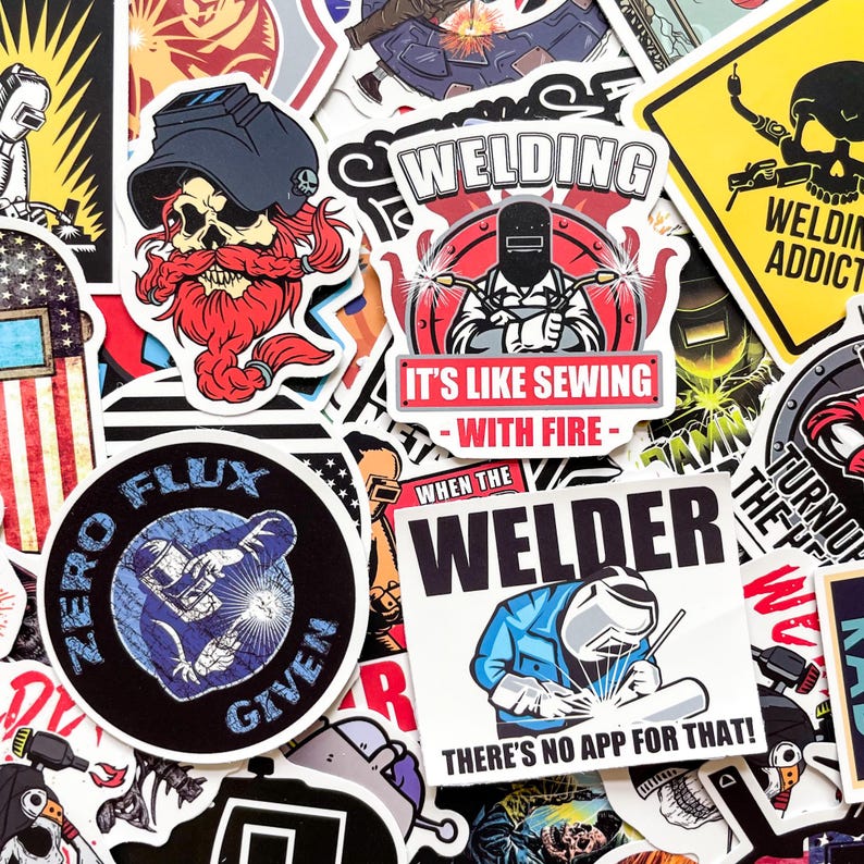 May include: A collection of colorful stickers with welding-themed designs. The stickers feature images of welders, welding tools, and text like "Welding Addict", "It's Like Sewing With Fire", and "Zero Flux Given". The stickers are suitable for various applications.