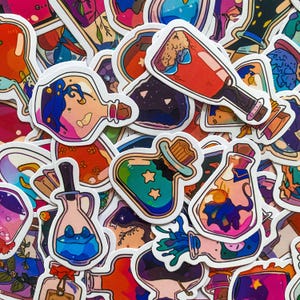 May include: A selection of fantasy-themed stickers depicting potion bottles in various designs. The stickers feature a range of colours, including blues, greens, reds, and purples. Each bottle has unique contents and decorative elements, creating a whimsical and magical aesthetic.