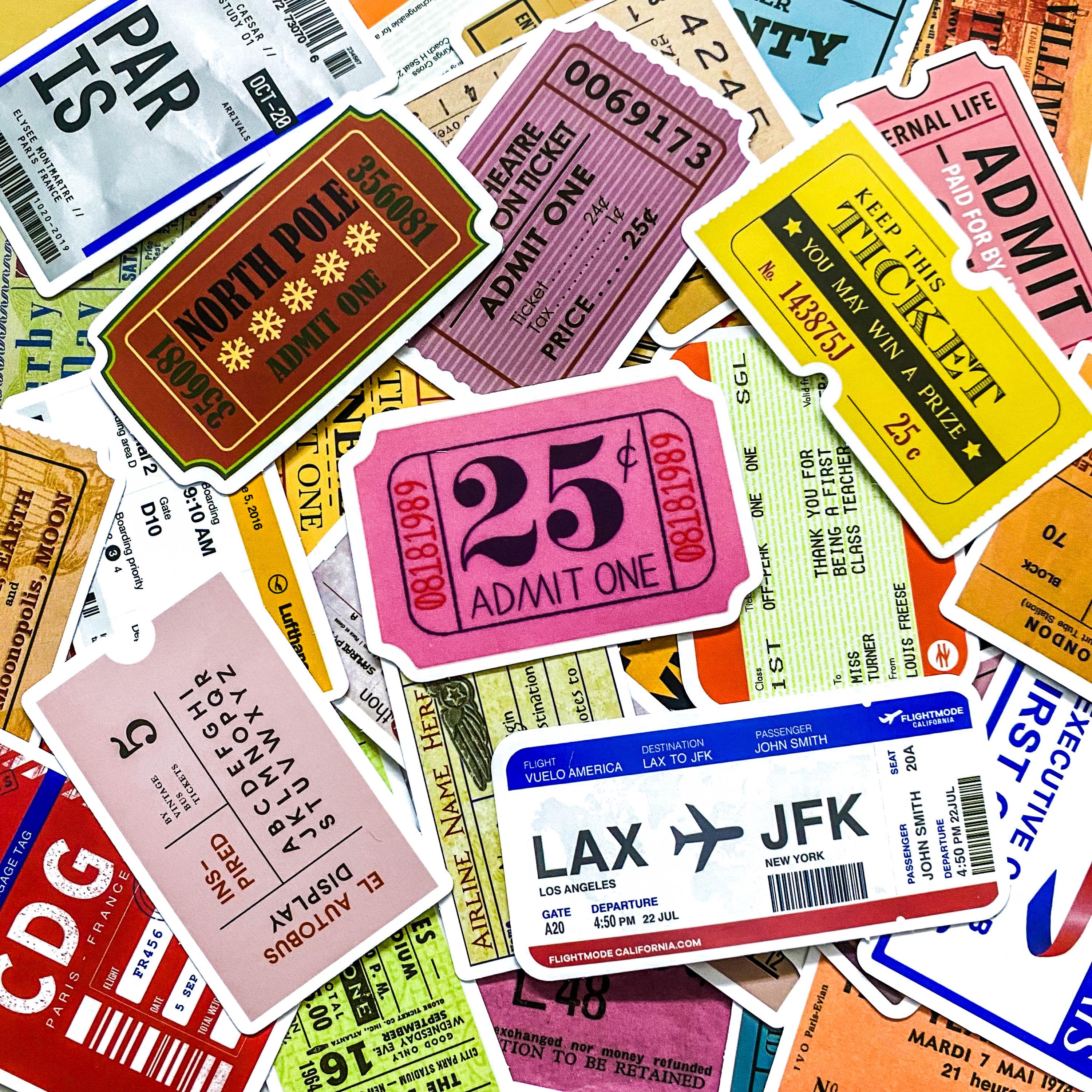 Pack of 50 Retro Ticket Collage Stickers, Vintage Ticket Stickers ...