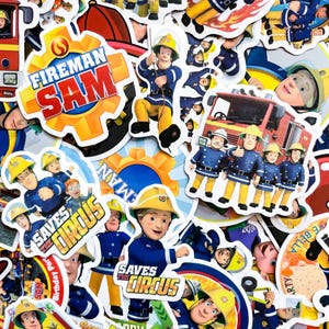May include: A selection of vibrant stickers featuring Fireman Sam, a popular animated character. The stickers depict Fireman Sam in action, fire engines, and the phrases "Fireman Sam" and "Saves the Circus".