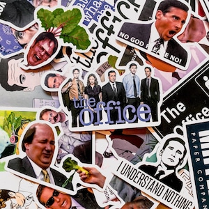 May include: A collection of stickers featuring characters and quotes from the TV show "The Office." The stickers include images of the cast, the show's logo, and phrases like "No God Please No!" and "I Understand Nothing."