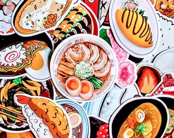 May include: A collection of colorful stickers featuring various Japanese food illustrations. The stickers depict ramen, sushi, and other dishes, with detailed artwork and vibrant colors. The stickers are in various shapes and sizes, creating a visually appealing assortment.