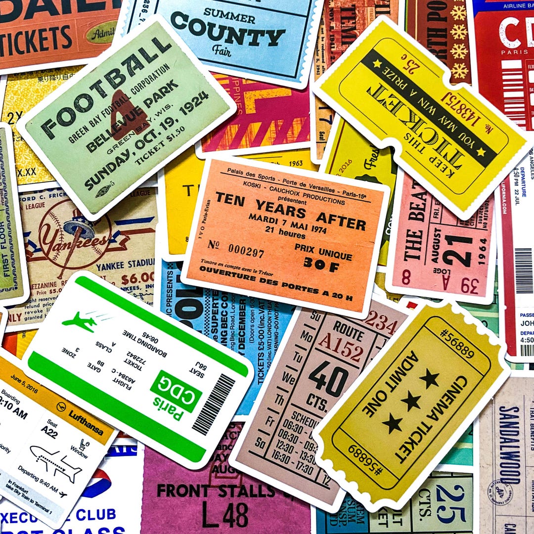 Fun Ticket Sticker Pack of 50 Retro Ticket Collage Stickers, Vintage Ticket Stickers ...