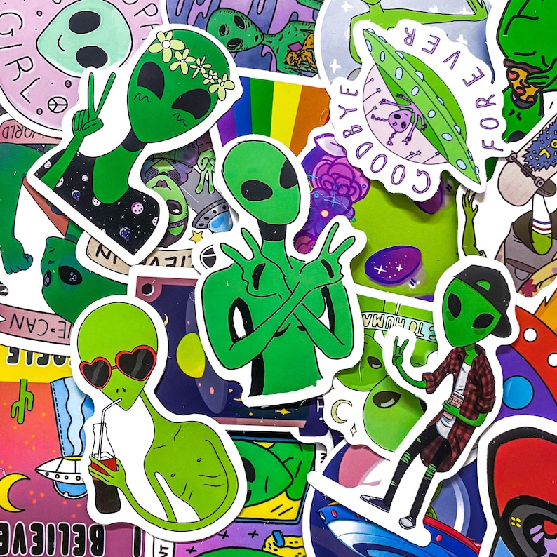 Pack of 50 Alien Stickers, Cute Alien Stickers, UFO Space Stickers ...