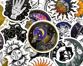 50pcs Celestial Stickers,Moon Phase Stickers,Zodiac Horoscope Stickers,Mystical Spiritual Stickers,Waterproof Stickers for Journal,Scrapbook