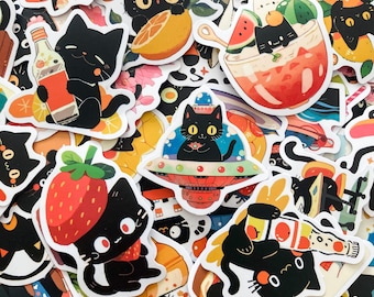 Pack of Black Cat Snack Stickers, 50 Cute Cartoon Food and Drink Stickers, Waterproof Aesthetic Stickers for Journal, Scrapbook, DIY Crafts