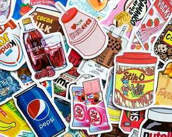 May include: A collection of colorful stickers featuring various food and drink items. Stickers include a Pepsi can, a bottle of Bringeba juice, a pink drink with Korean text, and a jar of Stik-O cookies. Other stickers include Kit Kat bars and a bear.