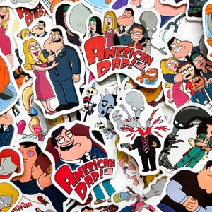 May include: A collection of colorful stickers featuring characters and the logo from the animated television show "American Dad!" The stickers showcase various characters in different poses and scenes, with vibrant colors and bold outlines.