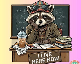 Ich wohne jetzt hier (PNG), Müder Waschbär-Lehrer, Lehrerhumor, 300-DPI-Digital-Clipart, Lehrer-T-Shirt-Sublimation, Lehrergeschenk (PNG)