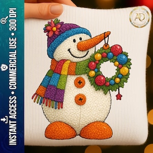 PNG Bonhomme de neige mignon couronne, fausse laine, téléchargement instantané, sublimation fêtes, 300DPI, transfert DTF, haute résolution