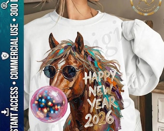 Funny Horse PNG New Year 2026, Western Cowboy Horse png, Colorful Bubblegum Horse, Sublimation Shirt horse, 300DPI, Gift Horse PNG, High res